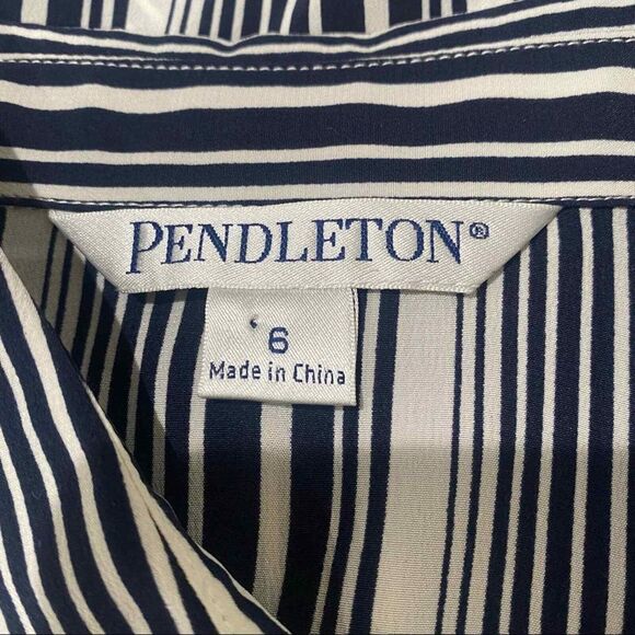 PENDLETON womens button down shirt sz 6 100% silk navy blue white stripes classy - Picture 4 of 5